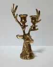 Vintage Solid Cast Brass Stag Deer Head Double Candlestick Holder Antler Lodge Used. Price: $85.00.